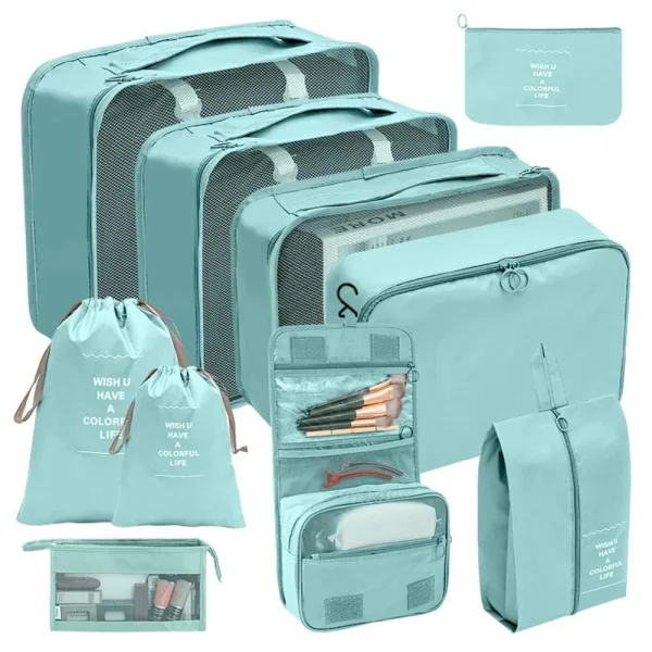 organisateurs de valise set de 10 pochettes turquoise