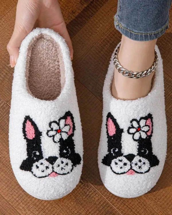 chaussons animaux bouledogue fleurs