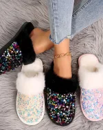 chaussons femme chic fourrure et strass