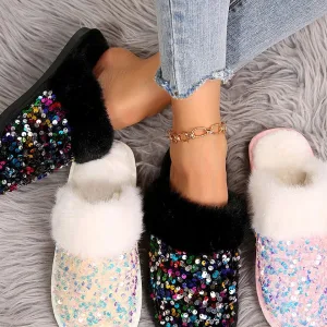 chaussons femme chic fourrure et strass