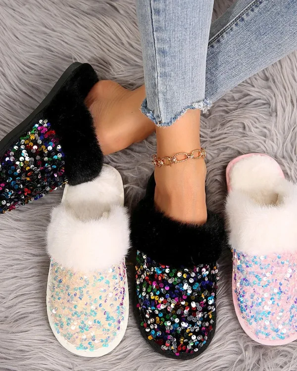 chaussons femme chic fourrure et strass