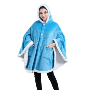 poncho plaid polaire géant bleu azur à capuche