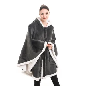 poncho plaid polaire géant gris avec capuche