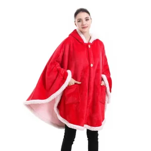 poncho plaid polaire géant rouge à capuche