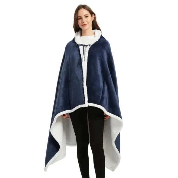 poncho polaire femme bleu marine à capuche