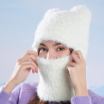 Cagoule Chat en Peluche Écharpe Tricotée & Protecteur de Cou Chaud Coupe-Vent