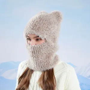 Cagoule Chat en Peluche – Écharpe Tricotée & Protecteur de Cou Chaud, Coupe-Vent